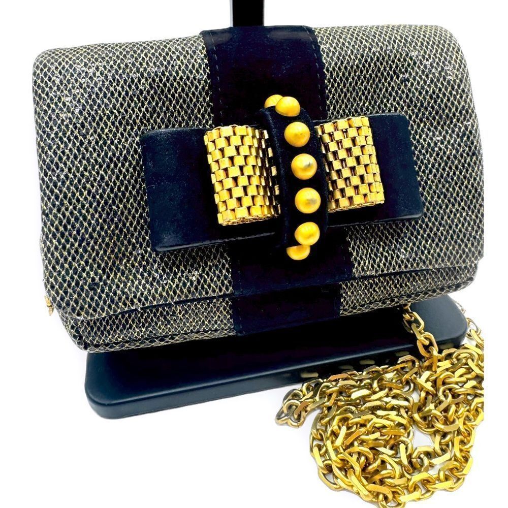 Christian Louboutin Gold Lame Black Suede Gold Chain Sweet Charity Glitter Mini